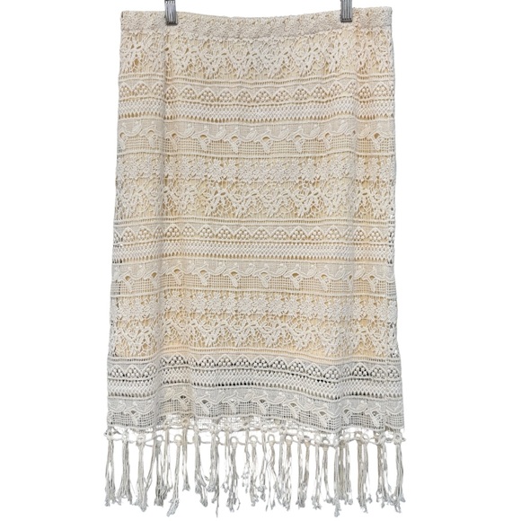 Chico’s Cream Crochet Fringe Skirt Size 1 (M) Boho Lace Lined Pull-On - Picture 1 of 5